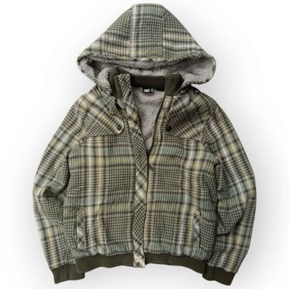 Vintage Y2k Sherpa Lined DC Shoe Co Ladies Green Plaid Zip Up Hoodie - L - Picture 1 of 7